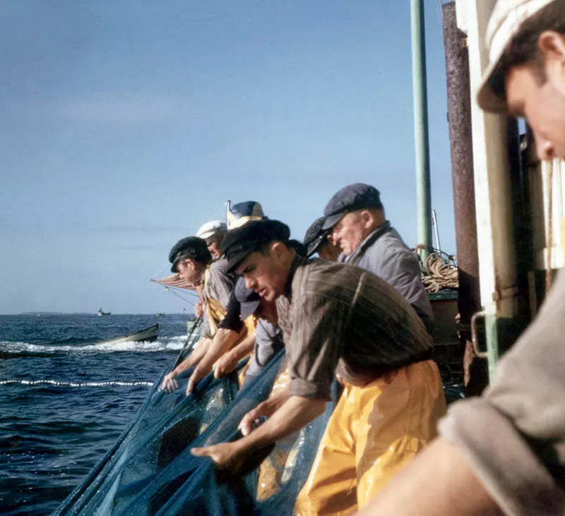 en-mer-par-beau-temps-Jean-Arhan-et-ses-collegues-sur-le-pont-du-bateau-remontent-les-filets